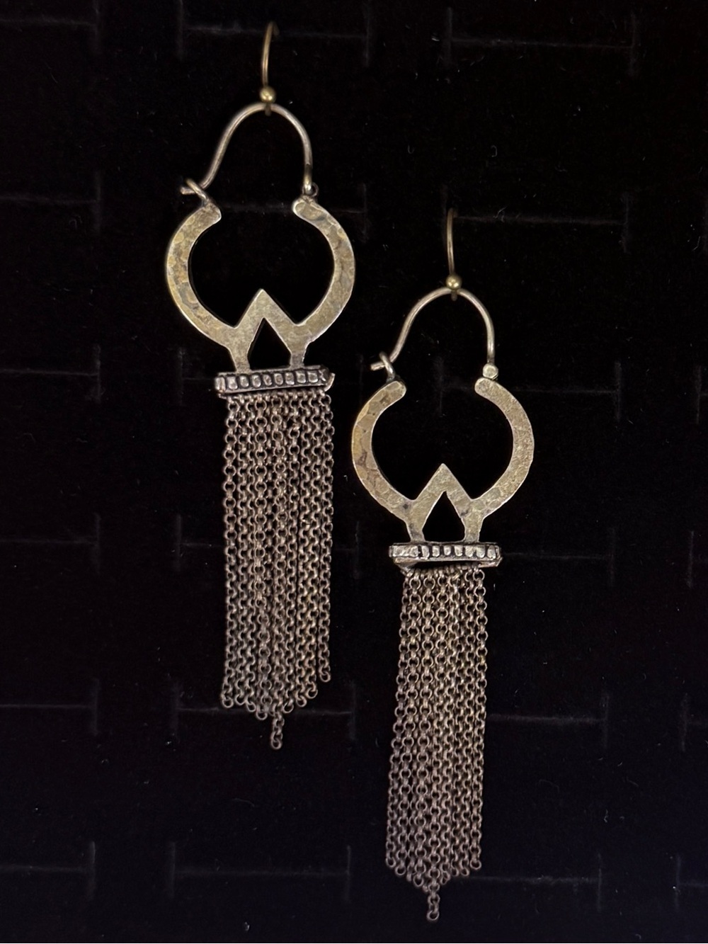 Vintage aged Brass tone bohemian chic long metal fringe pierced earrings